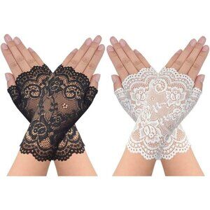 Women's 2 Pair Black White Lace Fingerless Gloves Party Prom Costume Accessories
